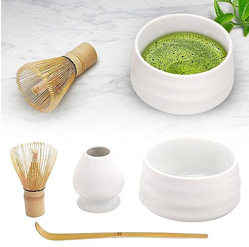 Japanese Matcha Tea Set, Matcha Ceremony Accessory - Matcha Whisk, Ceramic Bowl and Whisk Holder, Traditional Scoop, The Perfect Set to Prepare a Traditional Cup of Matcha