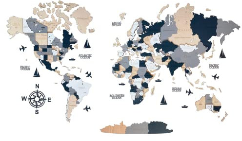WoodLeo Holz-Weltkarte, 3D-Kunst, große Wanddekoration, für jeden Anlass, in den Größen M, L, XL, Geschenkidee, Wandkunst für Zuhause, Küche oder Büro, Größe 3XL (320 x 170 cm), Graubraun (Alaska)