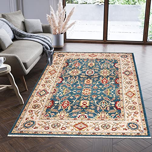 Mazovia Teppich Wohnzimmer 120x170cm Creme Blau Orientalisch Klassisch | Teppich für Schlafzimmer Büro Esszimmer Beige Weich Pflegeleicht Fußbodenheizungsgeeignet Reinigungsmittelbeständig Kurzflor