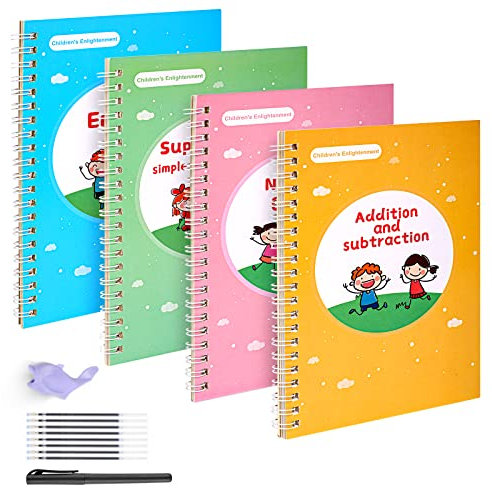 Tikplus 4 Pack Magic Copy Books for Kids, Reusable Grooved English Handwriting Tracing Exercise Book, Children Calligraphy Set with Pens for Beginners to Learn Drawing|Math|Numbers|Alphabet