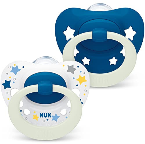 NUK Signature Night Babyschnuller | 18-36 Monate | Beruhigt 95 % der Babys | BPA-freie Silikonschnuller in Herzform | Leuchtet im Dunkeln | Mit Etui | Blaue Sterne | 2 Stück