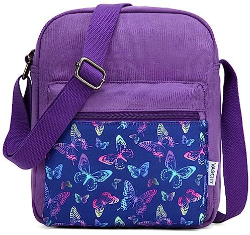 VASCHY Umhängetasche Mädchen, Vintage Klein Wasserabweisend Canvas Schultertasche Crossbody Bag Damen Teenager Tasche mit Verstellbaren Schulterriemen Lila Schmetterling