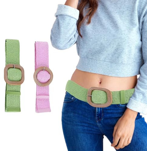 Eterspr 2 Stück Strohgürtel für Frauen, Geflochtener Strohgürtel für Stroh Elastische Taille, Geflochtener Strohgürtel, für Damenkleid, Jeans, Pullover, 2 Styles (Rosa, Grün)