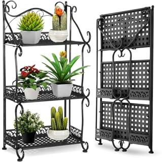 BTGGG Outdoor Plant Stand 3 Tier Foldable Metal Plant Stand Storage Rack Shelf Black Plant Pot Stand Plant Shelf for Garden Balcony Patio