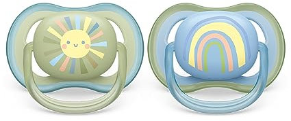 Philips AVENT ultra air Schnuller - 2er Pack, BPA-freier, atmungsaktiver Schnuller für Babys von 0-6 Monaten, inklusive Transport- und Sterilisationsbox, grün/blau (Modell SCF085/58)