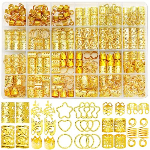 Fscwlmon 260 Pcs Hair Jewelry for Braids,Hair Beads Accessories for Dreadlock,Metal Hair Clips Cuffs Rings,Loc Rave Hair Charm Decorations Adjustable Kits for Men Women Gold