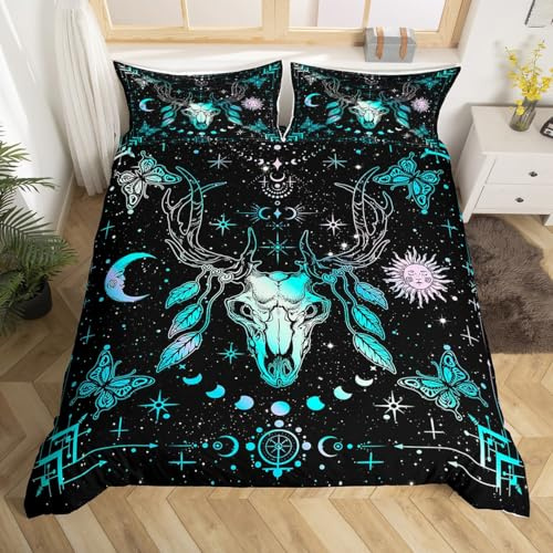 Manfei Hirsch Schädel Bettbezug Set S Größe,Sun Moon Starry Bettwäsche Set,Aquarell Blau Lila Schmetterling Geometrische Linien Tröster Abdeckung Kinder Mädchen Zimmer Dekor Tribal Exotic Quilt Cover