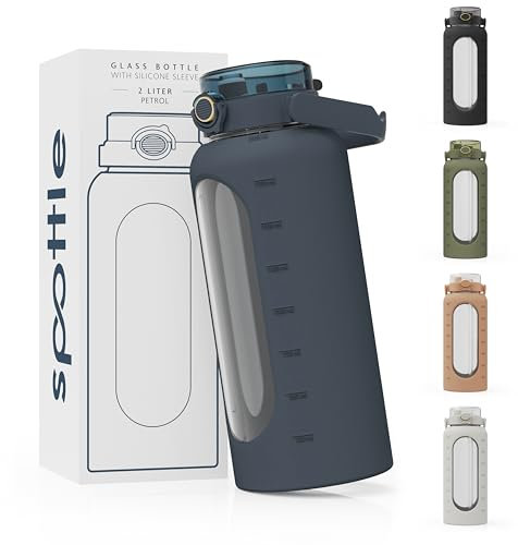spottle Glasflasche 2 Liter - Trinkflasche 2L Glas mit Strohhalm - Große Wasserflasche mit Schutzhülle aus Silikonhülle - auslaufsicher - spülmaschinenfest - BPA-frei