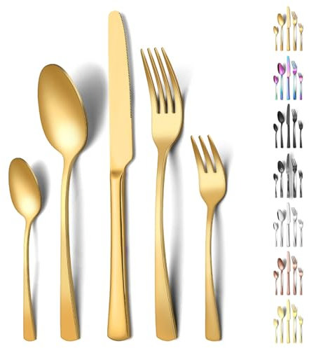 Funnydin 30 Stück Besteck Set 6 Personen, Premium-Edelstahl Besteck Set mit Gabel, Messer, Löffel, Spülmaschinenfest, Einzigartiger und Eleganter Gold-Look