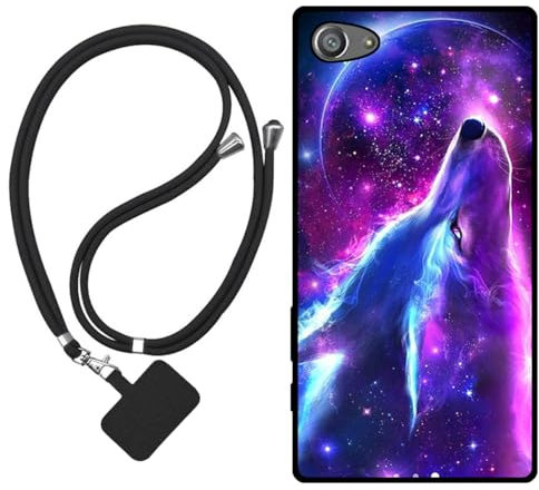 Sunrive Hülle Kompatibel mit Sony Xperia Z5 Compact Case,matt Handyhülle Schutzhülle Etui Karikatur Muster TPU Backcover (Wolf,Mond,Sterne) +1x Universale Handykette MEHRWEG