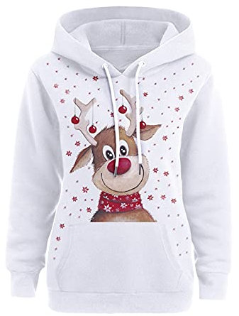 Weihnachtspullover Damen, Weihnachtspullover Damen Lustig Rentier Hoodie Sweatshirt Hässliche Christmas Pullover Rentier Bambi Schneemann Kapuzenpullover mit Weihnachtsmotiv WeihnachtspullI