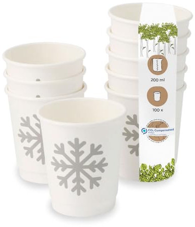 BIOZOYG 100 Stück weiße doppelwandige Kaffeebecher Pappbecher Wintermotiv 'Schneeflocke' 200ml / 8 oz - umweltfreundlich recycelbar & schön bedruckt - Kaffeebecher to go