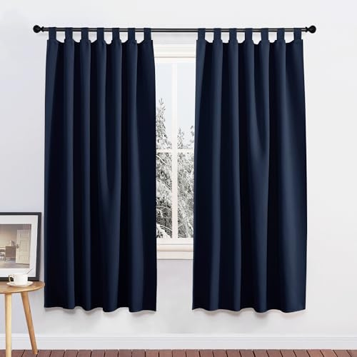 PONY DANCE Blickdichte Gardinen Dunkelblau Thermovorhang mit Schlaufen | Kurz, Schlaufenschal 2er Set H160 x B140 cm, Kälteschutz, Sichtschutz, UV-Schutz, für Schlafzimmer, Wohnzimmer, Abdunkelnd
