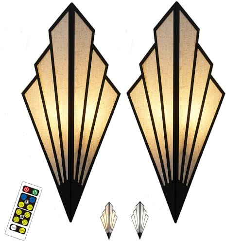 Battery Operated Wall Sconces Set of 2,Modern Wall Lamps,with Color Temperature Dimmable Remote Control,Non Hardwired Sconce,Art Deco Lighting Fixture,for Bedroom Bedside (BlackTwo Color Temp)