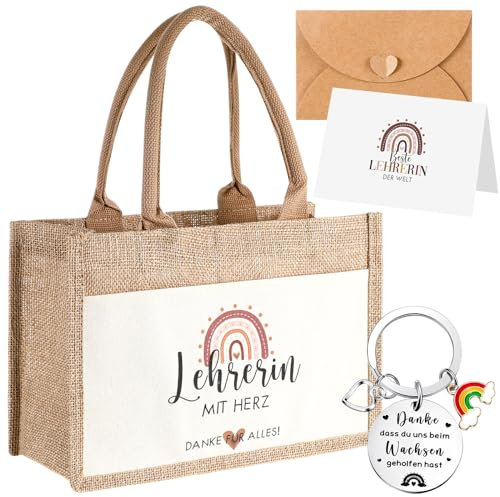Tenare 4er Set Danke Geschenke zum Lehrertag Lehrerin Jute Handtasche Metall Lehrer Schlüsselanhänger mit Gravur Regenbögen Dankeskarte Umschlag Abschied Erzieherin Graduierung Schule