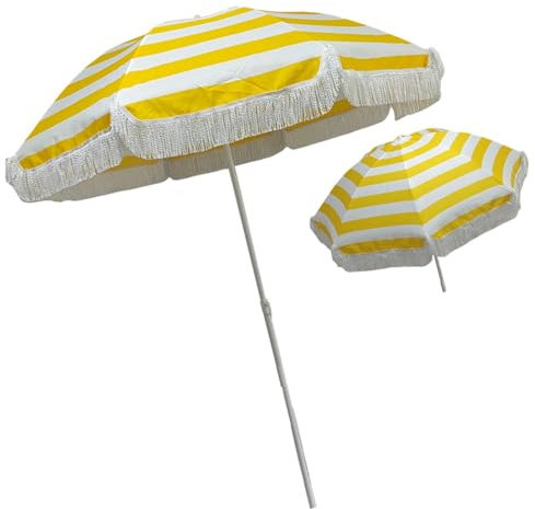 SKINCATE Sonnenschirm UV-Schutz Strandschirm, Ø 160 cm, Gartenschirm, Knickbar, Outdoor Marktschirm Gelb-weiß Gestreift, Dekorativer Sonnenschirm Für Rasen/Pool