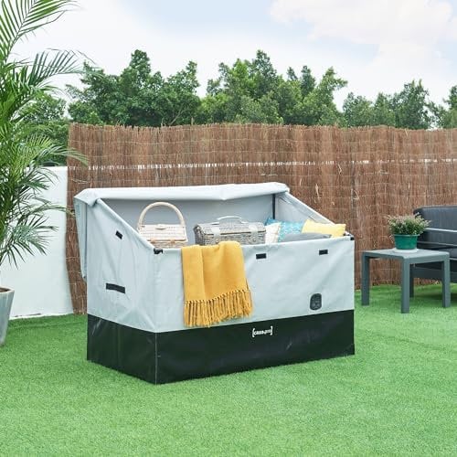 casa.pro Caja de Almacenamiento para Exteriores de 850 L Arcón Baúl Almacenaje de Jardín Arcón con Asas Fijación con Velcro Lona 100% Poliéster Impermeable Acero 147x86x109 cm - Gris/Negro