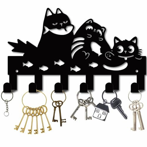 CREATCABIN Schlüsselhalter Fisch Katzenmotiv Für Wand,Schlüsselaufhänger,Schlüssel-Organizer Metall,Garderobe,Schlüsselhalter Aufhängen,Wandhalterung Eisen,Haken Wanddekoration Für,Haustür,27x16cm