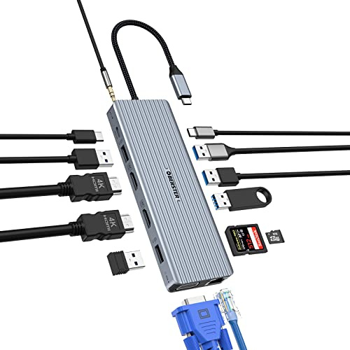 OOTDAY USB C Hub, 14 in 1 USB C Adapter mit Triple Monitor HDMI*2, VGA, 100W PD, SD/TF, Ethernet, Audio/Mic, Docking Station für MacBook M1/M2, Thunderbolt 3, Windows