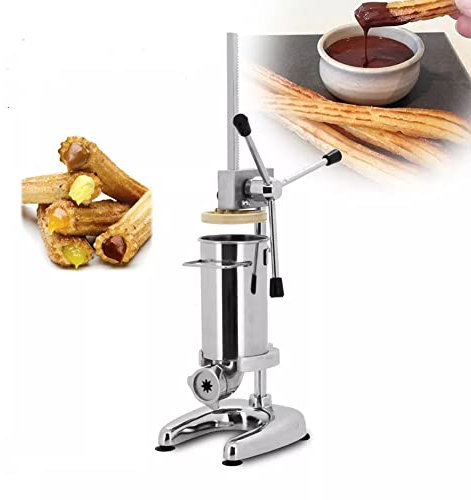 Churro Maker Machine – Handelsübliche 2 l manuelle spanische Donut-Churrera mit 5 Formen, vertikale Snack-Ausrüstung aus Edelstahl für authentische Churros