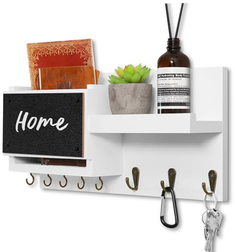 WeBravery Decorative Key Hanging Rack with 8 Hooks – Easy Install Natural Wooden Key and Mail Holder for Wall Mount – Sunglasses Wallet Holder Entryway Decor with Shelf and Chalkboard (White)