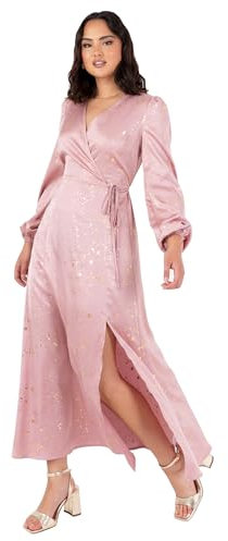 Lovedrobe Women's Midaxi Dress Ladies Wrap V-Neck Long Bishop Sleeve Satin Gold Fleck Side Tie Belt Split A-Line Wedding Guest, Rose Poudre 54