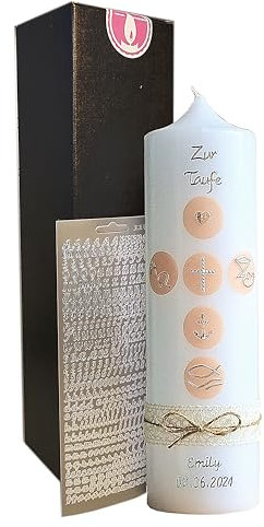 TAUFKERZE, KOMMUNIONKERZE, Junge, Mädchen, Kreise Hautfarbig, mit Schleifen, 250/70 mm, mit Zubehör zum selbstbeschriften und Aufbewahrungskarton - Handarbeit, Wachsmotiv