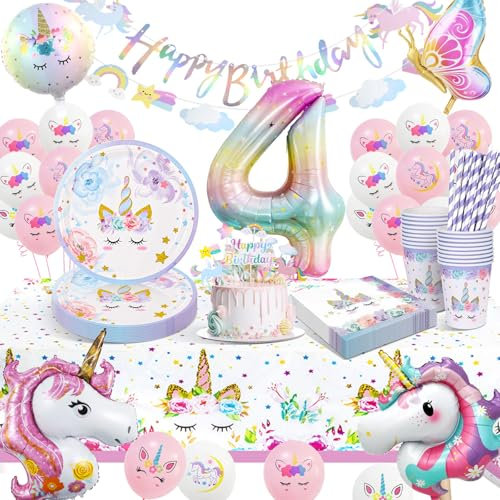 KQMGJYB Décoration Licorne pour Anniversaire Fille 4 Ans, Vaisselle et Ballons pour 16 Invités