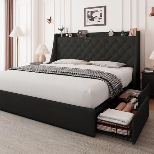 Feonase Gepolstertes Queen-Size-Bettgestell mit 4 Schubladen, Stauraumbett mit Ladestation, großes Flügelrücken-Kopfteil, kein Boxspring erforderlich, Schwarz