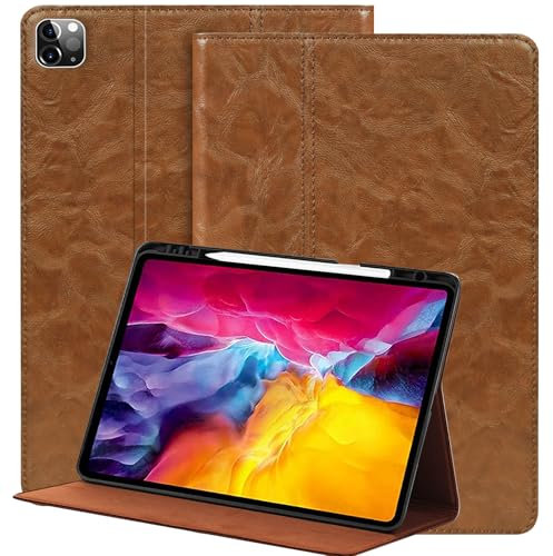 NANRUIL Hülle für Ipad Pro 12,9 Zoll 6./5./4./3.Gen 2022/2021/2020/2018 Echtes Leder Tablet Schutzhülle Case Cover,mit Stifthalter und Auto Wachen/Schlafen.Khaki