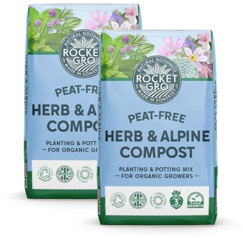 RocketGro Organic Herb & Alpine Compost – 2 x 20L – Peat-Free Soil Mix with Free Draining Cornish Grit – Ideal for Bulbs, Herbs, Alpines, Succulents & Perennials – Nutrient-Rich & Vegan-Friendly.