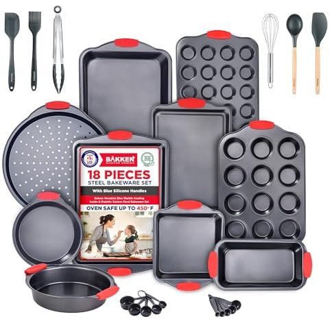 BAKKEN Kitchen Baking Pan Set - Nonstick Coating, Carbon Steel Bakeware Sets with Red Silicone Handles, Baking Kitchen Essentials, PFOA, PFOS, PTFE Free, Oven Safe Tray (Up to 450° F), Set of 18