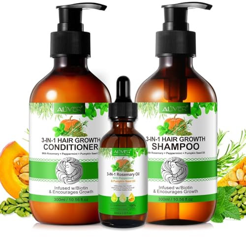 P-Beauty Haarpflege Set 3in1 Shampoo, Conditioner & Haaröl mit Biotin, Rosmarin, Minze & Kürbis, Vegan - gegen Haarausfall, stärkt das Haar, intensive Feuchtigkeit, repariert Spliss - für Haarwachstum