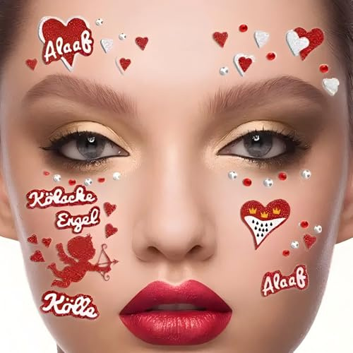 Dmnnlp 3 Stücke Karneval Gesicht Tattoo und Rot Weiß Glitzersteine, Face Art Sticker Herzen Köln Tattoos Karneval, Glitzersteine Selbstklebend für Karneval Halloween Motto Party