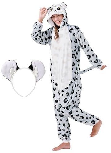 corimori Flauschiges Schneeleopard-Kostüm für Erwachsene mit Haarreif | Karneval Kostüm Onesie für Damen, Herren | Körpergröße 160-170cm