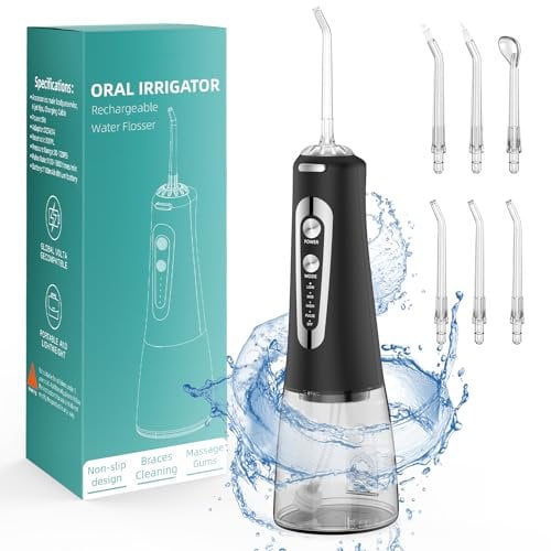 Munddusche Kabellos,Elektrische Zahnreiniger 5 Modi&300ML, Munddusche Testsieger mit 6 Jet-Tipps, Tragbare Zahndusche für Entfernt Speisereste und Reinigt Die Zähne