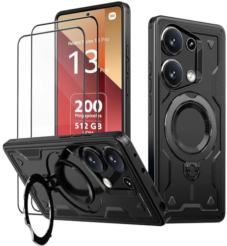 KANSi Cover per Xiaomi Poco M6 Pro/Redmi Note 13 Pro 4G (Non per 5G) con Vetro Temperato*2, Custodia Protettiva per Smartphone con Anello Rotante - Antiurto Bumper Nero
