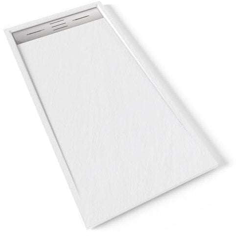 HIEMAL INOX Receveur de douche 70 x 140 cm résine Blanc aspect ardoise + bonde inox incluse - Salle de bain