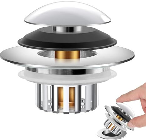 Bonde de lavabo Pop Up 3 en 1 avec panier filtrant en acier inoxydable - Bouchon de lavabo pour lavabo de 37 à 50 mm - Cœur à billes en laiton - Chromé