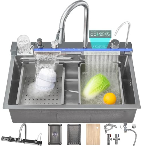 Ribanedy 75 cm Fregadero de cocina inteligente de acero inoxidable 304, fregadero en cascada moderno multifuncional con grifo integrado con pantalla digital, lavavasos y juego de accesorios