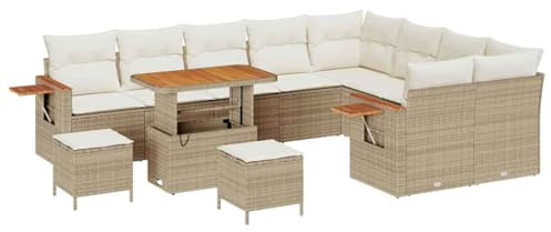 vidaXL Beiges Garten-Sofa-Set mit Kissen, 5-teiliges Rattan, Akazien-Tisch, Gartenmöbel für Terrasse und Lounge, modular, UV-beständig, modern