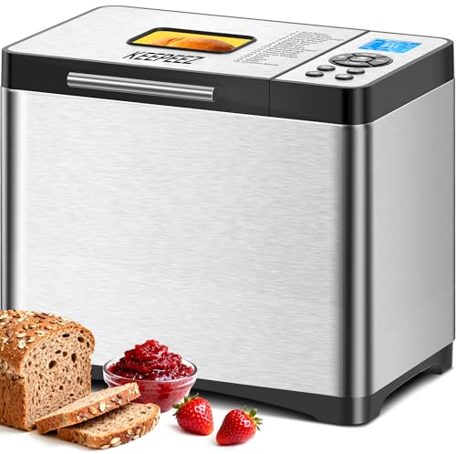 2lb Programmable Bread Maker with Healthy Ceramic Pan, Automatic Stainless Steel Bread Maker Machine UK, 19 Programmes inc Gluten‑Free & Sourdough, 70 Recipes, 15h Timer,1h Keep Warm,3 Crust Settings