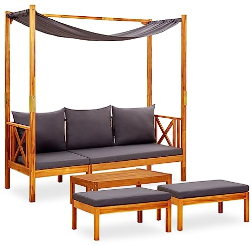 QUAHEAS Gartenbank mit Tisch & Fußhockern, Massivholz Akazie, Dunkelgraue Polster für Outdoor-Patio-Möbel im Garten