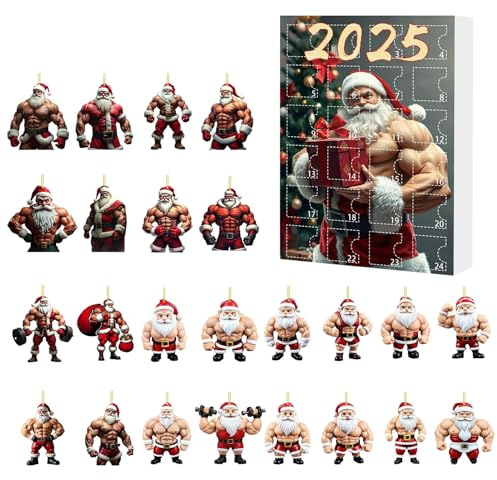 2025 Adventskalender, 2025 2D Acrylic Muskel Weihnachtsmann Anhänger Adventskalender Spielzeug, Liebevolle Weihnachtsdekoration für Familien Jugendliche Söhne Frauen Freunde und