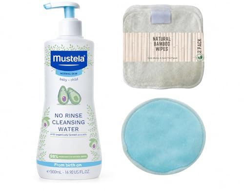 Mustela Baby Skincare Bundle – No Rinse Cleansing Water 500ml | Reusable Bamboo Baby Wipes & Washable Bamboo Cloth Pads | Gentle Newborn Care with Organic Avocado – Ideal for Sensitive Skin