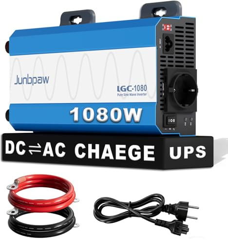 Junbpaw 1080W Reiner Sinus Wechselrichter 12V auf 230V 50Hz, 3‑in‑1 mit USV, 18A Ladefunktion & Netzpriorität, kompatibel mit GEL/LiFePO4/AGM, Notstrom für Wohnmobil Homeoffice Haushalt
