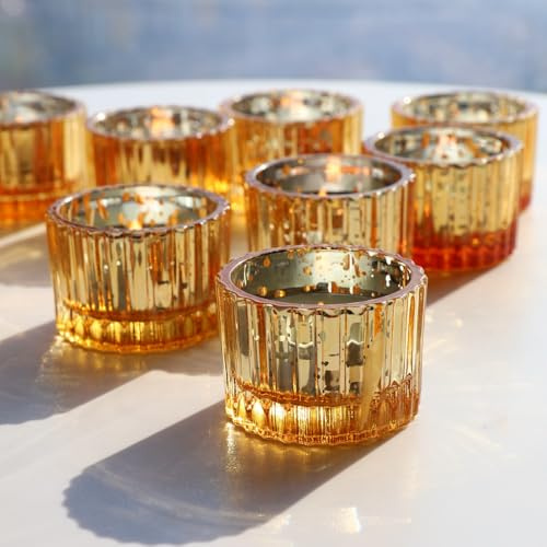 Vohocandle Petits Bougeoir Doré – Lot de 12 pour Mariages, Fêtes | Petits Photophore Verre pour Bougie Chauffe-Plat, Contenant pour Bougeoir Verre pour Noël, Anniversaires (5 × 3,5 cm, Doré)