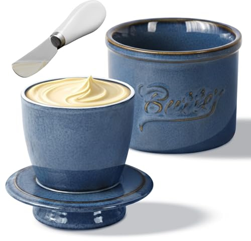 French Butter Crock with Spreader, Ceramic Butter Dish with Water Line for Fresh Spreadable Butter, Reactive Glaze, Blue