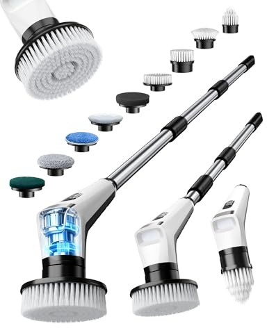 Brosse Nettoyage Électrique avec 9 Têtes, Manche Extensible, 3 Vitesses, Étanche IPX8, Batterie de 3000 mAh, Brosse Rotative Nettoyage avec Éclairage LED pour Salle de Bain, Cuisine, Sols