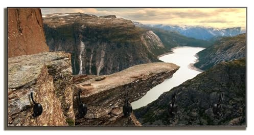 Wallario Wandgarderobe aus Holz in Größe 80 x 40 cm in Premium-Qualität, Motiv: Felsvorsprung über Fjord | 5 Kleiderhaken zum Aufhängen